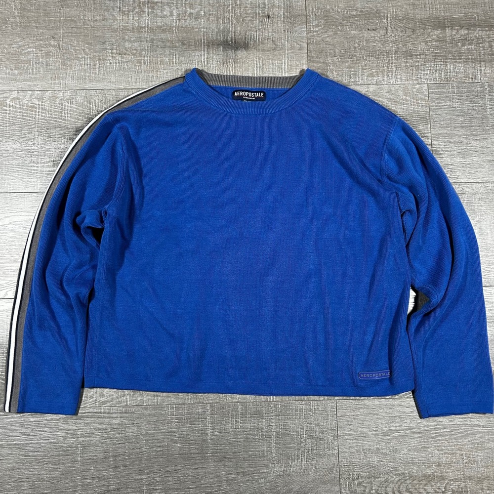 Aeropostale Mens XL Royal Blue Crew Neck Sweater Side Stripe Long Sleeve